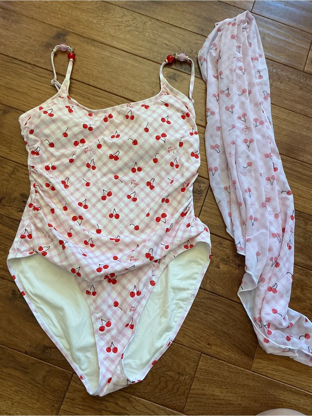 Betsey Johnson pink gingham and cherry one piece swimsuit with sarong cover up